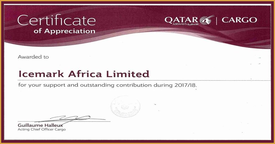 Qatar Airways Cargo Certificate of Appreciation 2017/18 to Icemark Africa Limited for outstanding contribution, signed by Acting Chief Officer Cargo Guillaume Halleux