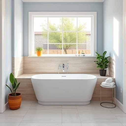 Walk-In Tub Replacement in Phoenix featuring a modern tub, neutral tiles, ambient lighting, and serene decor.