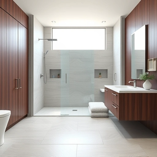 Waterproof bathroom remodeling in Phoenix features sleek design, gray tiles, dark wood cabinetry, and a spacious walk-in shower.