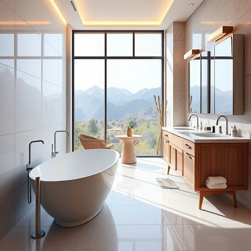 Modern bathroom remodel in North Mountain Village AZ featuring a freestanding tub, double sink vanity, and serene landscape views.
