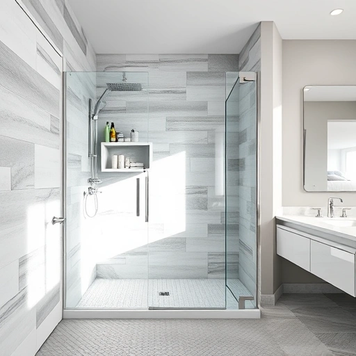 Modern walk-in shower renovation in Phoenix featuring gray and white tiles, frameless glass, and polished chrome fixtures.