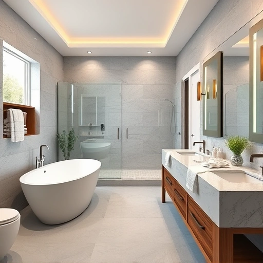 Stylish bathroom remodel in Encanto AZ featuring freestanding tub, walk-in shower, dual vanities, and elegant decor.