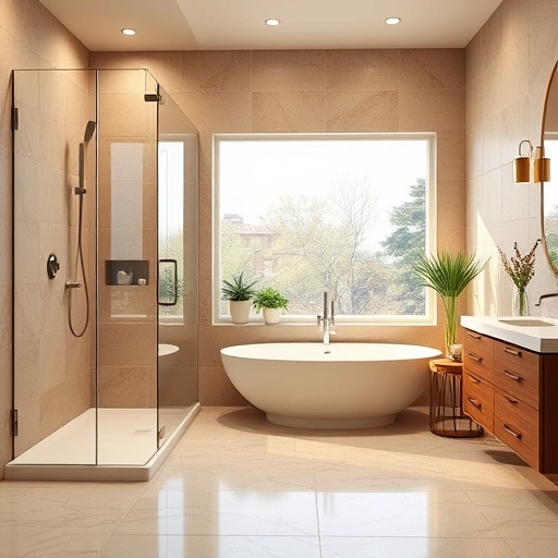 Elegant waterproof bathroom remodel in Phoenix featuring a walk-in shower, freestanding tub, and warm earth tones.