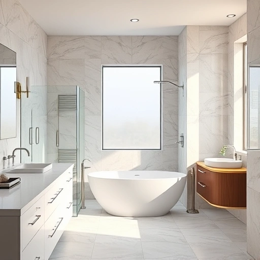 Modern bathroom remodel in Tolleson AZ featuring marble countertops, walk-in shower, freestanding tub, and stylish decor.