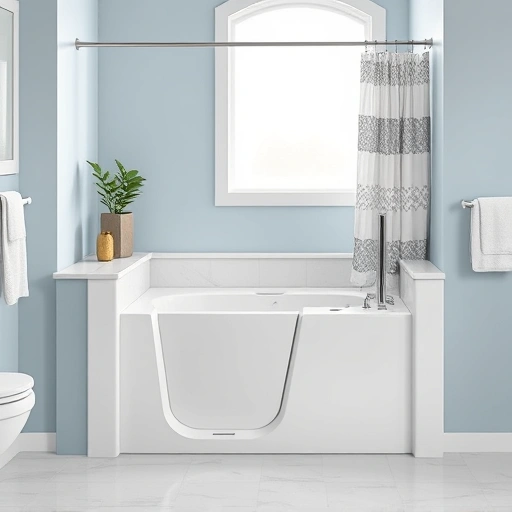 Walk-In Tub installation in Surprise AZ featuring glossy white tub, chrome fixtures, and serene light blue decor.