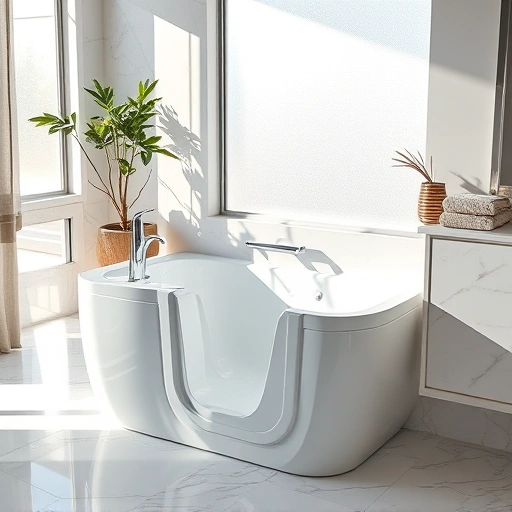 Walk-In Tub Installation in Alhambra AZ featuring sleek design, chrome fixtures, marble tiles, and natural light.
