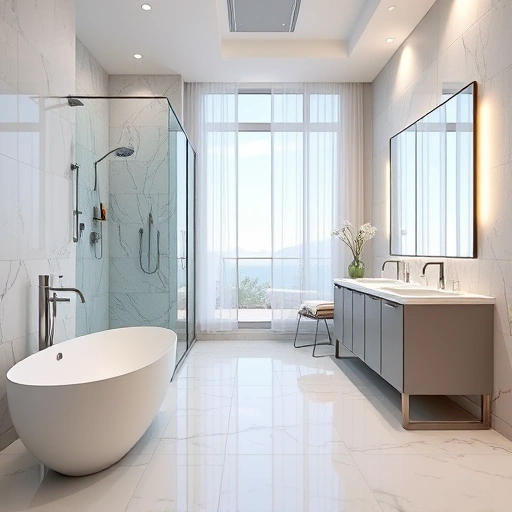 Completed bathroom remodel in Peoria AZ featuring modern fixtures, freestanding tub, glass shower, and elegant design.