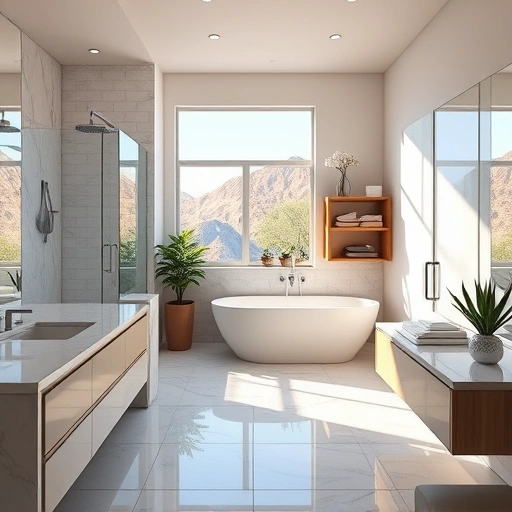 Bathroom remodeling in Sunnyslope AZ featuring modern design, marble countertops, walk-in shower, and freestanding bathtub.