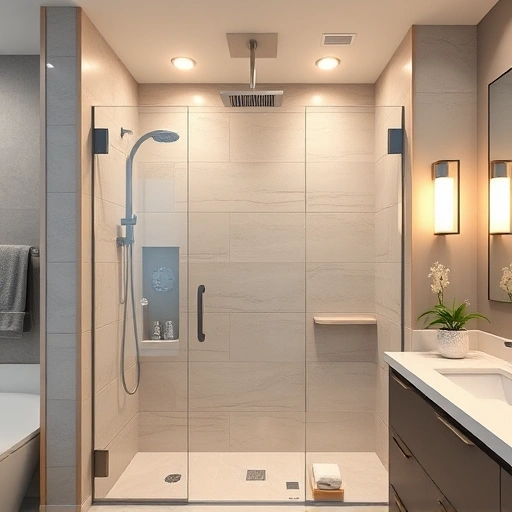 Walk-in shower remodel in Phoenix with sleek tiles, frameless glass door, rain showerhead, and elegant fixtures.