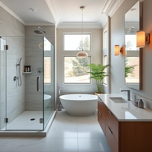 Modern bathroom remodel in Deer Valley AZ with walk-in shower, freestanding tub, and elegant fixtures in serene colors.