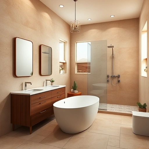 Spacious modern bathroom in Phoenix with sandy beige tiles, freestanding tub, double vanity, and ambient lighting.