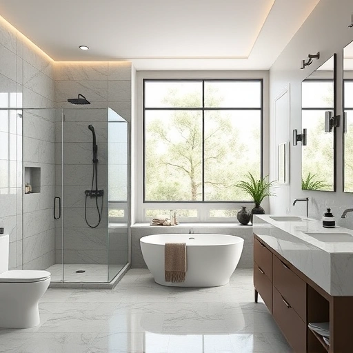 Elegant modern bathroom remodel in Phoenix with freestanding tub, glass shower, double vanity, and natural light.