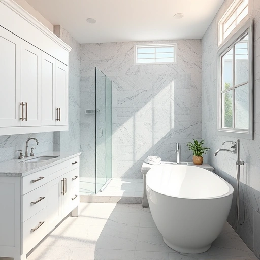 Bathroom remodeling in Youngtown AZ with modern design, gray marble tiles, elegant fixtures, and spacious layout.