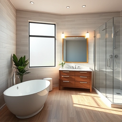 Spacious modern bathroom remodel in Goodyear AZ with sleek fixtures, freestanding tub, and elegant tiles.