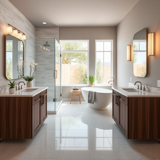 Bathroom remodel in Arrowhead Ranch AZ features modern fixtures, spacious walk-in shower, freestanding tub, and elegant design.
