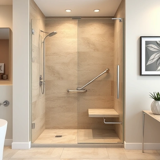 Barrier-free shower installation in Phoenix featuring sleek design, elegant tiles, chrome fixtures, and ambient lighting.