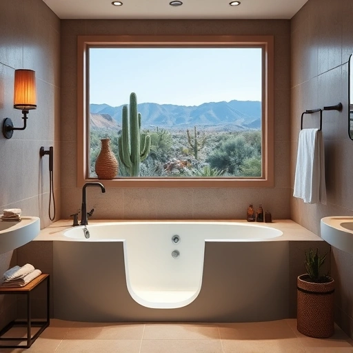 Completed walk-in tub installation in a modern Sonoran Foothills bathroom with earthy tones and desert views.