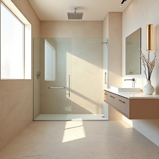 Curbless shower installation in Phoenix AZ features natural stone tiles, frameless glass door, and minimalist fixtures.