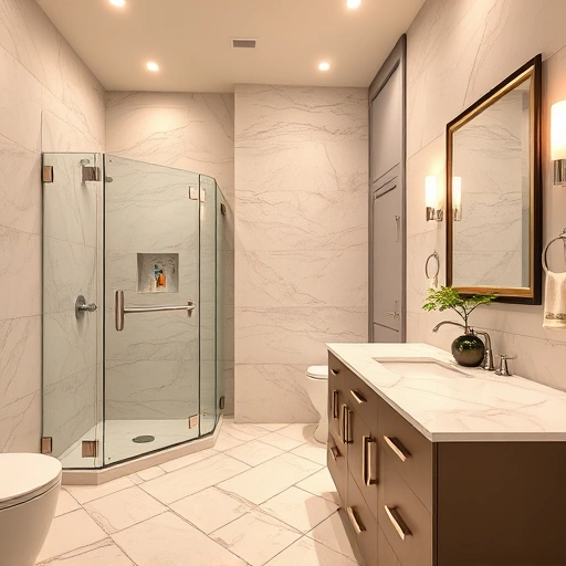 Elegant remodeled bathroom in Alhambra AZ with marble countertops, glass shower, stylish fixtures, and warm lighting.
