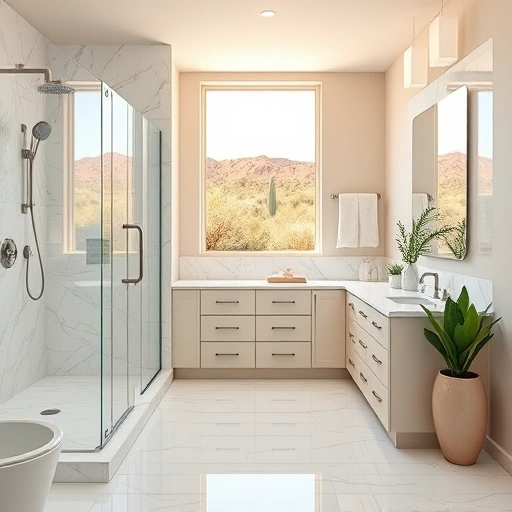 Completed bathroom remodel in Moon Valley AZ features modern design, walk-in shower, double vanity, and natural lighting.