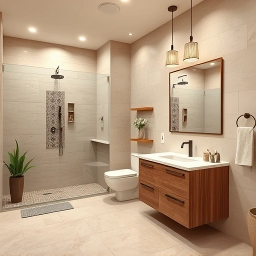 Spacious Phoenix bathroom with neutral tones, polished porcelain tiles, glass shower, reclaimed wood vanity, and pendant lights.