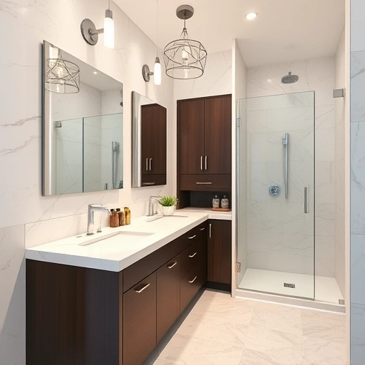 Modern bathroom remodel in El Mirage AZ featuring marble countertops, walk-in shower, and stylish lighting.