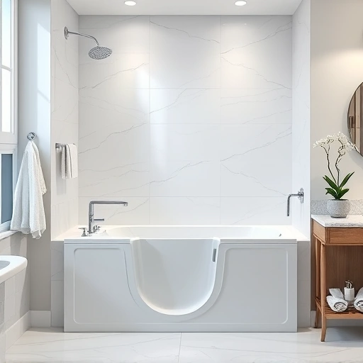 Completed Walk-In Tub installation in a modern Phoenix bathroom with soft whites and calming blues. Neat decor.