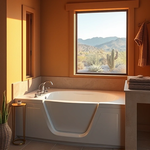 Luxurious walk-in tub installation in Cave Creek AZ with earthy tones, natural light, elegant design, and serene desert views.