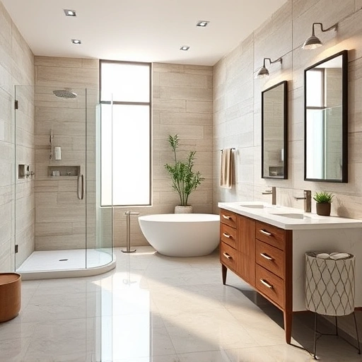 Elegant bathroom remodel in Phoenix with spacious layout, walk-in shower, freestanding tub, and rich wood vanity.