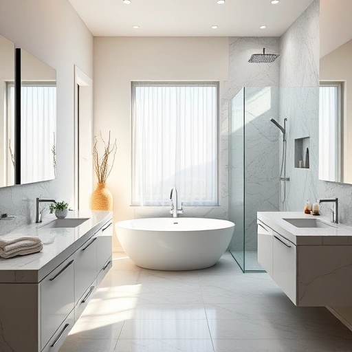 Modern bathroom remodel in Paradise Valley AZ with marble countertops, freestanding tub, and frameless glass shower.
