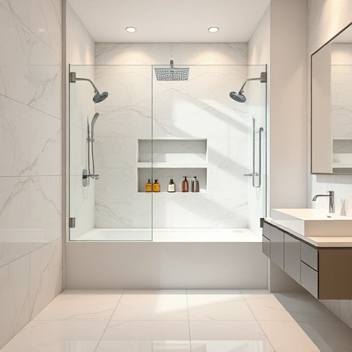 Modern bathroom with walk-in shower, frameless glass, chrome fixtures, stone tiles, and stylish vanity in Phoenix.