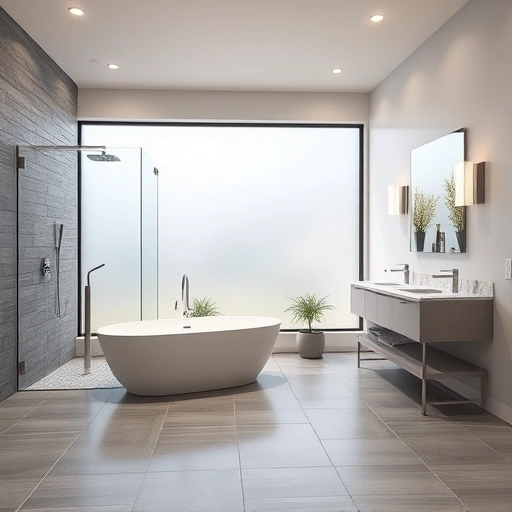 Elegant bathroom remodel in Sun City AZ features gray tiles, freestanding tub, glass shower, and modern double vanity.