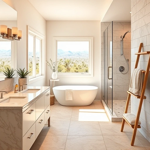 Completed bathroom remodel in Carefree AZ featuring a freestanding tub, marble countertops, and elegant fixtures.