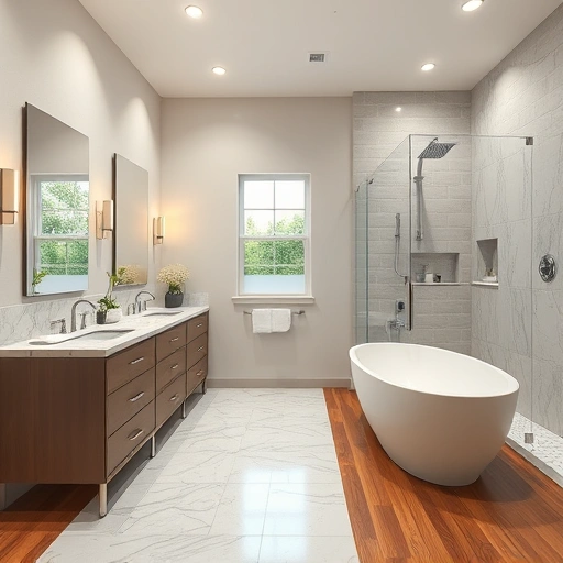 Modern bathroom remodel in Tempe AZ featuring marble countertops, freestanding tub, and elegant design elements.
