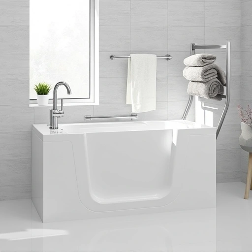 Walk-in tub installation in a modern bathroom with gray tiles, chrome fixtures, and serene light-filled decor.
