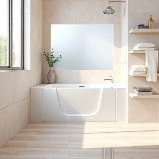 Modern bathroom with white walk-in tub, chrome fixtures, neutral tiles, and warm wood flooring in Desert Ridge AZ.