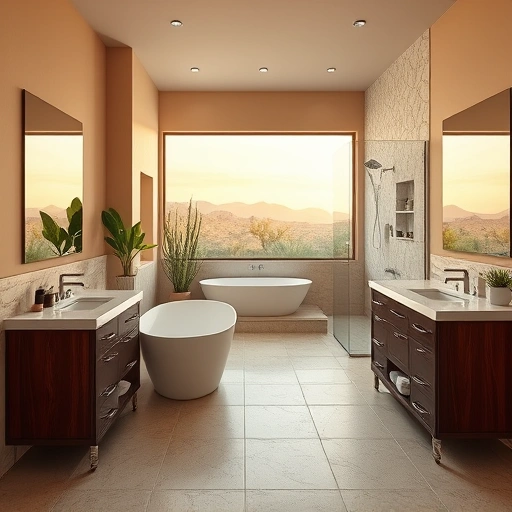 Spacious Phoenix bathroom remodel with warm tones, freestanding tub, double vanity, and modern fixtures.
