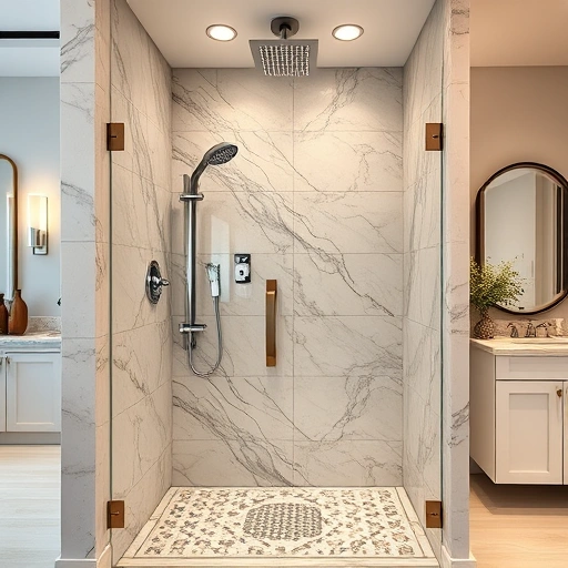 Luxury walk-in shower remodel in Phoenix featuring marble tile, glass enclosure, chrome fixtures, and warm lighting.