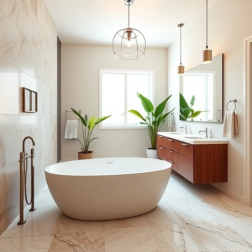 Luxurious bathroom remodel in Camelback East Village with elegant fixtures, freestanding tub, and natural light.