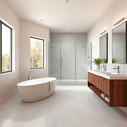 Spacious Phoenix bathroom features a freestanding tub, modern double vanity, and elegant glass shower with natural light.