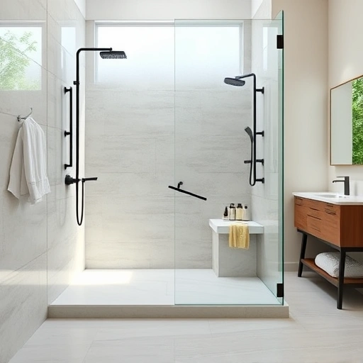 Curbless shower in Phoenix with polished porcelain tiles, matte black fixtures, and natural light enhancing a modern design.