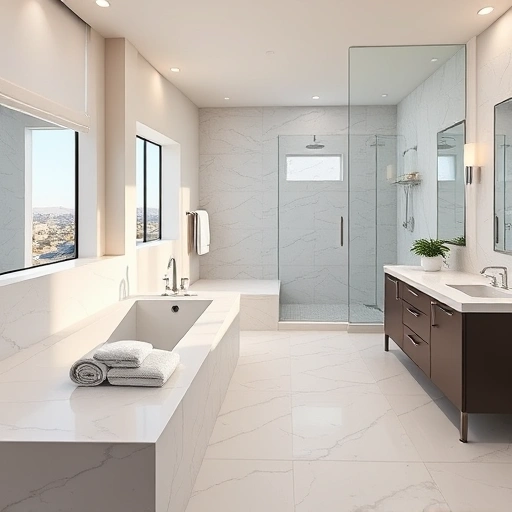 Modern bathroom remodel in Peoria AZ with marble countertops, soaking tub, walk-in shower, and stylish decor.