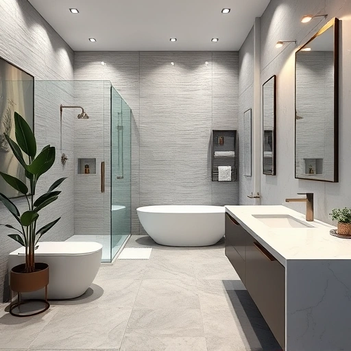 Completed bathroom remodel in Norterra AZ featuring walk-in shower, freestanding tub, and elegant modern fixtures.