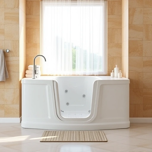 Walk-In Tub Installation in Youngtown AZ with modern design, chrome fixtures, and softly tiled walls.