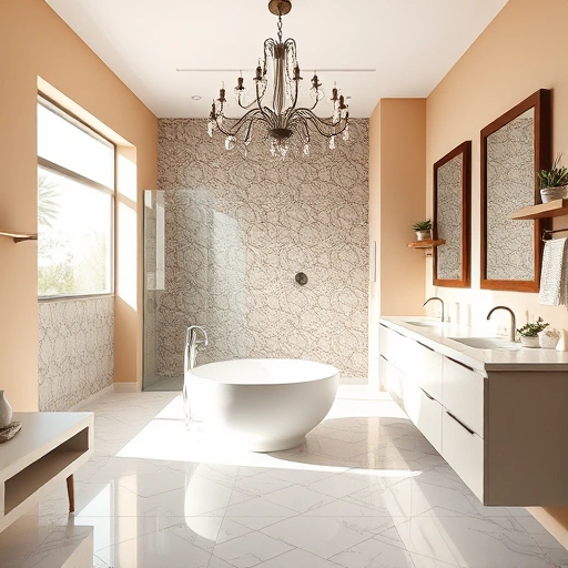 Spacious modern bathroom in Phoenix featuring a freestanding tub, glass shower, double vanity, and potted succulents.
