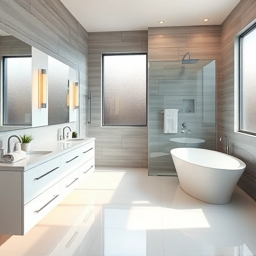 Modern bathroom remodel in Sun City West AZ features double vanity, glass shower, freestanding tub, and elegant tiles.