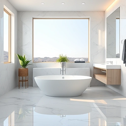 Completed bathroom remodel in Maryvale AZ featuring modern design, marble tiles, freestanding tub, and elegant decor.