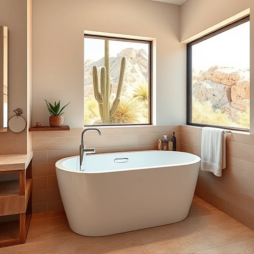 Walk-in tub remodeling in Phoenix featuring a sleek white tub, warm tile, neutral walls, and desert views.