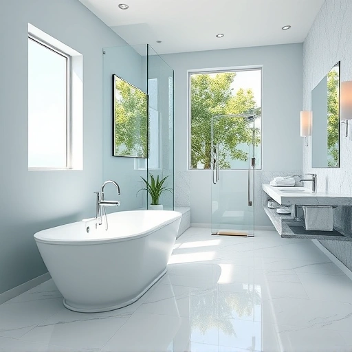 Completed bathroom remodel in Norterra AZ features marble tiles, freestanding tub, double sink vanity, and lush greenery.