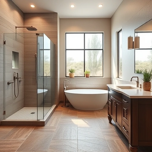 Completed bathroom remodel in Desert Ridge AZ with modern fixtures, spacious shower, freestanding tub, and elegant decor.